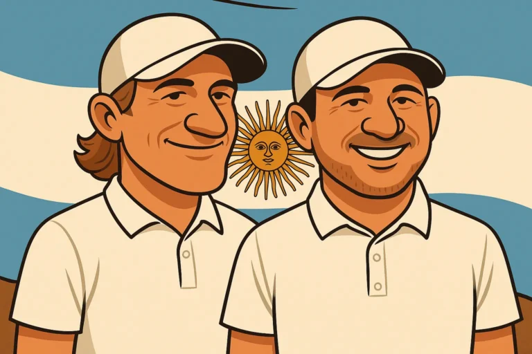Caricatura de Emiliano Grillo y Alejandro Tosti con la bandera argentina de fondo