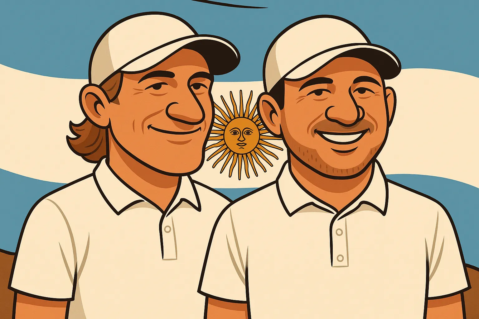 Caricatura de Emiliano Grillo y Alejandro Tosti con la bandera argentina de fondo